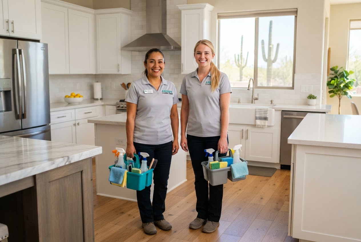 Two Deep Clean Cleaners team members ready to clean a Phoenix home