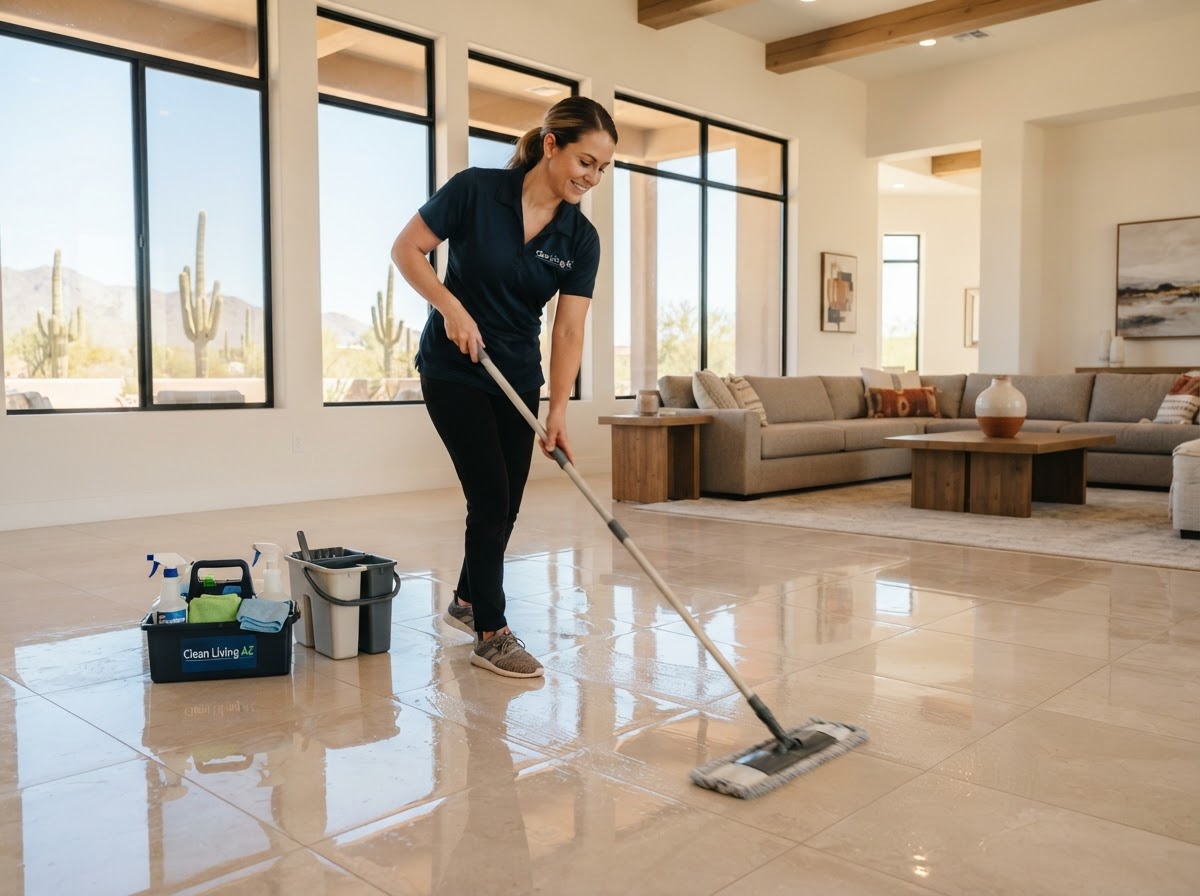 Cleaner mopping a tile floor in an open living area